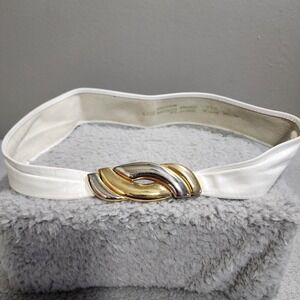 Liz Claiborne Vintage Belt White Genuine Leather‎ 80's Gold Silver Buckle Medium